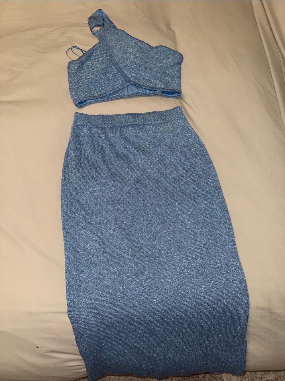 Blue Metallic Knit Midi Skirt – Women's Stylish Pencil Silhouette